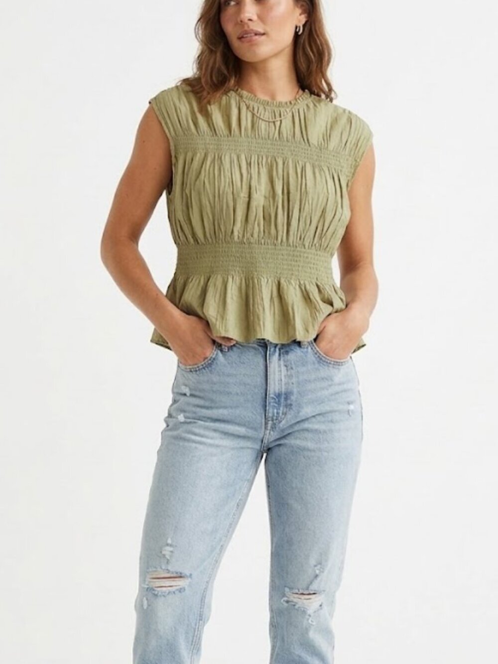 H&M Sage Green Smocked Crinkled Peplum Blouse Size Large